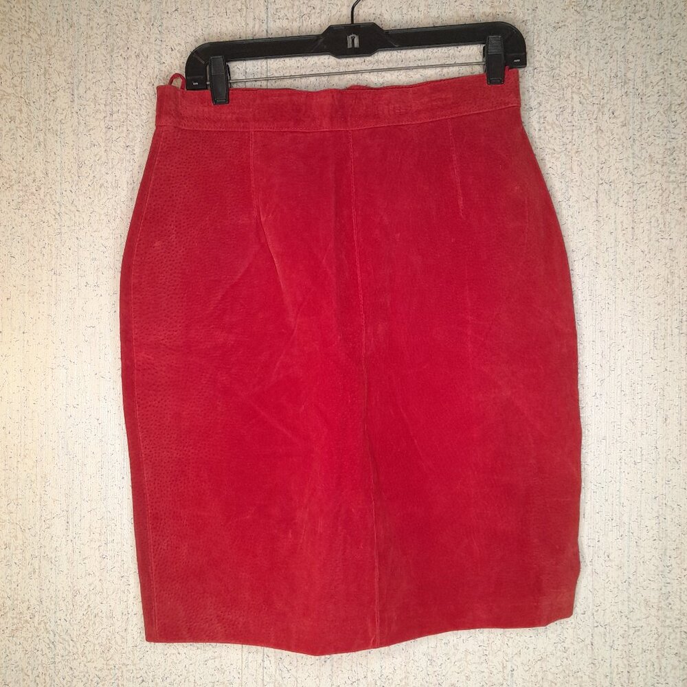 VTG Clean Lines Levad Fashions Red Suede Leather Pencil Skirt Women's Size 14